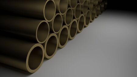 A series of metallic brass tubes on a glossy black surface - 3D rendering illustrationの写真素材