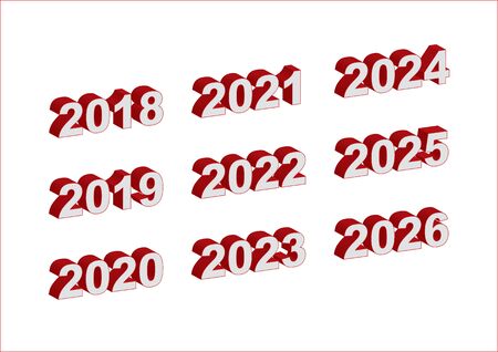 Years 2018 - 2026 in white and red digits, 3D extruded - Vectorのイラスト素材