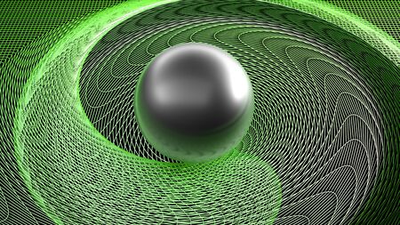 Black glossy sphere in a spiral green surface - 3D rendering illustrationの写真素材