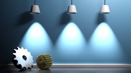 Blue illuminated wall background with gears - 3D rendering illustrationの写真素材