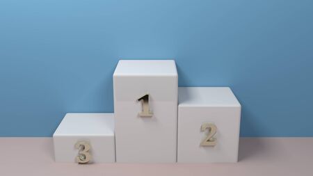 White podium on pink floor, at blue wall - 3D rendering illustrationの写真素材