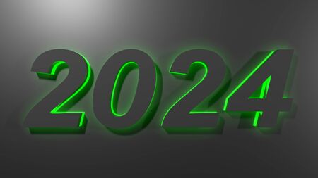 2024 in black digits with green  back light, on a black surface - 3D rendering illustrationの写真素材