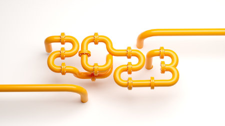 New Year 2023 tube typography design. Yellow gold pipe with bolt joints on white background. Plumbing in oil gas. 3d Rendered promotional background.の写真素材