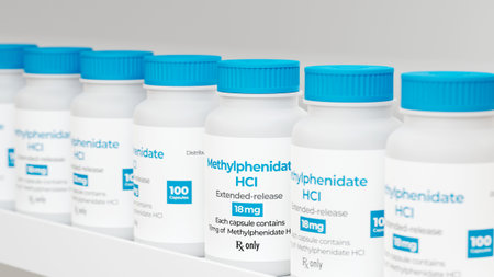 <p>Methylphenidate Hydrochloride (HCl) drug bottle on pharmacy shelf. Central Nervous System...