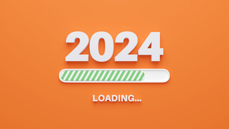 2024 New Year Loading. Features a progress bar on orange background. 3d illustration.の写真素材