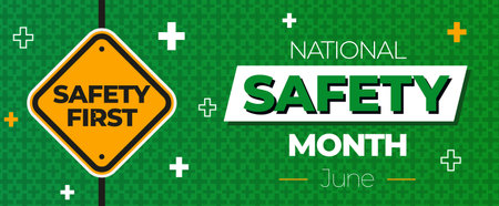 National Safety Month. Awareness creation event in June. Green and yellow themed. Vector eps10 poster, banner.のイラスト素材