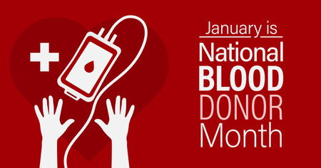 National blood donor month poster. Hand holding a blood pouch with a heart in the background.のイラスト素材