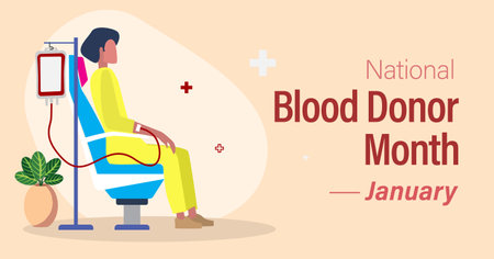 National blood donor month poster. Man sitting in chair donating blood. Vector illustration.のイラスト素材