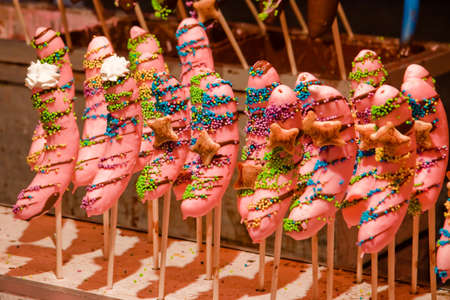Bananas covered with Pink Chocolate and Candies - Toride town festival, Japanの写真素材