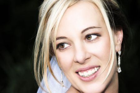 Beautiful Blond bride wearing diamond jewelery on her wedding dayの写真素材