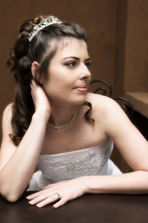 Beautiful brunette bride wearing diamond jeweleryの写真素材