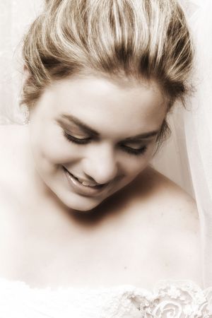 Beautiful, classical style bride wearing a veilの写真素材