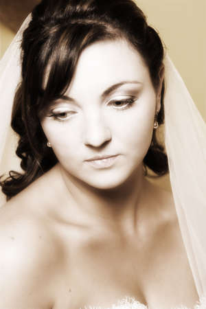 Beautiful brunette bride wearing pearl earrings and a veilの写真素材