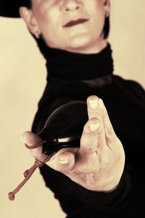 Spanish Dancer in a black costume with hat and accessoriesの写真素材