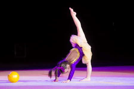 Eva Povalyaeva participates in Baby-Cup BelSwissBank international children's competitions in gymnastics , 17 December 2013 in Minsk, Belarus.のeditorial素材