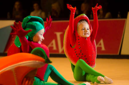 A group of unidentified young gymnasts participates in Baby-Cup BelSwissBank international children's competitions in gymnastics , 17 December 2013 in Minsk, Belarus.のeditorial素材