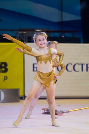 MINSK  MAY 24: Unidentified children compete in the MaugliCUP international competition in gymnastics on May 24 2015 in Minsk Belarus.のeditorial素材