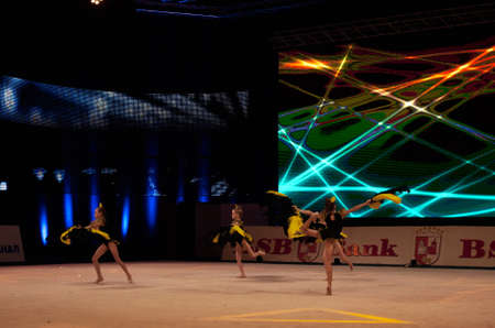 MINSK, BELARUS DECEMBER 05: unidentified gymnast from ' USiT' participate with 'Evening Symphony'  in 'Baby Cup - BSB Bank' children's competitions in gymnastics , 05 December 2015 in Minsk, Belarus.のeditorial素材