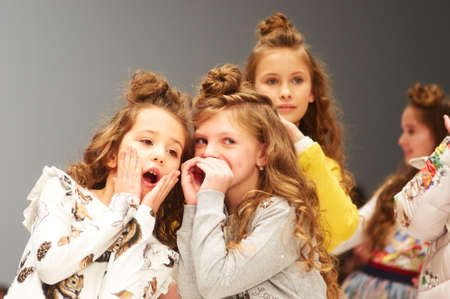 MINSK-OCTOBER 29: An unidentified girl wears Modny Domik colection at the international exhibition of the fashion industry, Kids fashion day during Belarus Fashion Week on October 29, 2017 in Minsk, Belarus.のeditorial素材