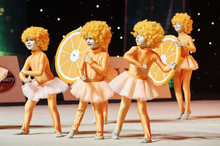 Unidentified young gymnast participates in 'Baby-Cup BelSwissBank' children's competitions in gymnastics , 22 December 2018 in Minsk, Belarus.のeditorial素材