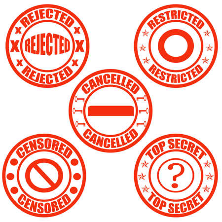 Set of stamps with words rejected, restricted, cancelled, censored and top secret inside, illustrationのイラスト素材