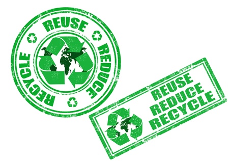 Set of green grunge rubber stamp with the words reuse, reduce and recycle written inside the stampのイラスト素材