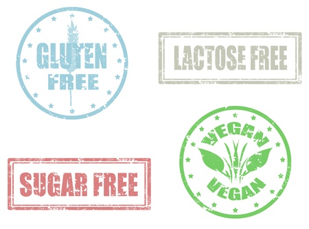 Set of grunge rubber stamps vectors of allergy products,gluten,sugar and lactose freeのイラスト素材