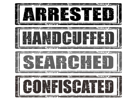 Set of grunge rubber stamps with words arrested,handcuffed,searched,confiscated inside,vector illustrationのイラスト素材