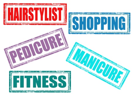 Set of grunge rubber stamps with words hairstylist,pedicure,fitness and manicure,inside,illustrationのイラスト素材