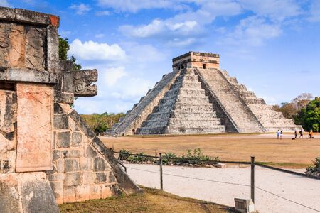 Chichen Itza, Mexico. Chichen Itza snake and Kukulkan Mayan temple pyramid.の写真素材