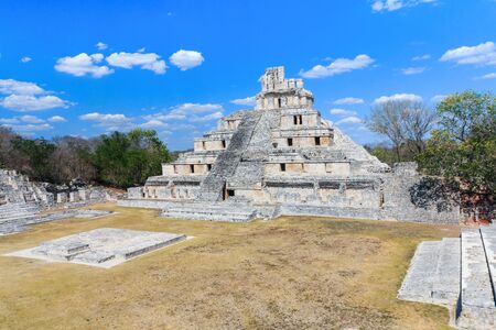 Campeche, Mexico. Edzna Mayan City. The Great Plaza (Gran Acropolis) of Edzna.の写真素材