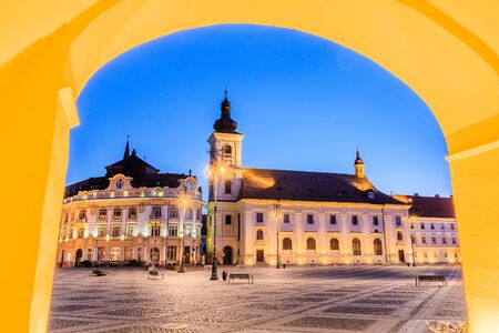 Sibiu, Romania. Large Square and City Hall. Transylvania medieval city.の写真素材