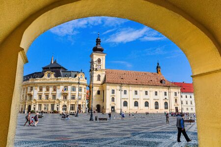 Sibiu, Romania. Large Square and City Hall. Transylvania medieval city.の写真素材