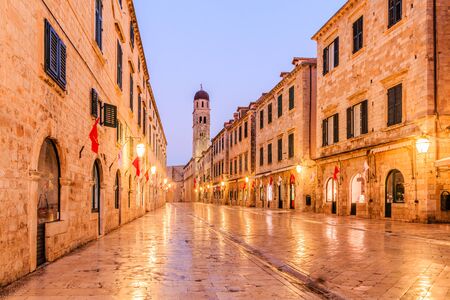 Night view at old historic street Stradun in old city center of Dubrovnik, Croatia.の写真素材