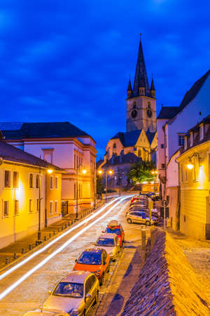 Sibiu, Romania. Cathedral at twilight in Transylvania, Eastern Europe.の写真素材