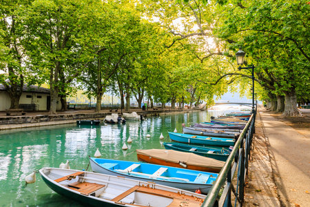 Annecy, France. Boats and canal from lovers' bridge.の写真素材