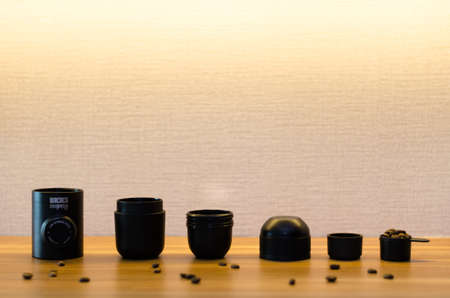 An Illustrative editorial of all the separate pieces Wacaco Minipresso machine in which you can make expresso coffee on the go.のeditorial素材