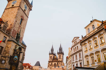 Prague, Czechia - An angled horizontal shot of the roofs of buildings located in the old town...