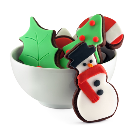 Christmas cookies. Snowman chocolate cookie isolated on white backgroundの写真素材