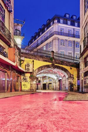 Lisbon, Portugal - December 9, 2018: "Pink Street" pedestrian street of Rua Nova do Carvalho in the Cais do Sodr? area of Lisbon during blue hourのeditorial素材