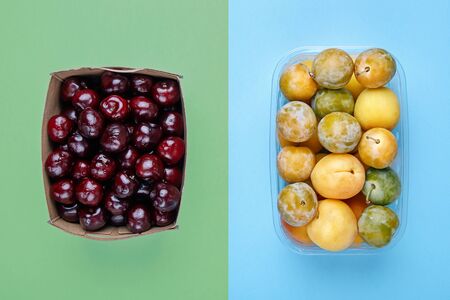 Zero waste concept. Fruit packaged in cardboard against fruit in plastic container. の写真素材