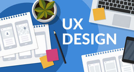 User experience designer workspace with mobile app wireframe sketches. UX design concept web banner....