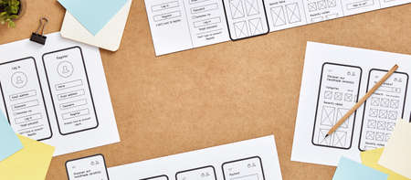 Mobile responsive website project concept web banner. Top view image of web UX designer workspace...