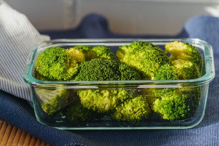 broccoli in a glass reusable container. No plastic conceptの写真素材