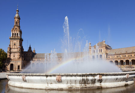 Fountain with rainbow at Plaza de Espana  Spanish Square , Seville, Spainのeditorial素材