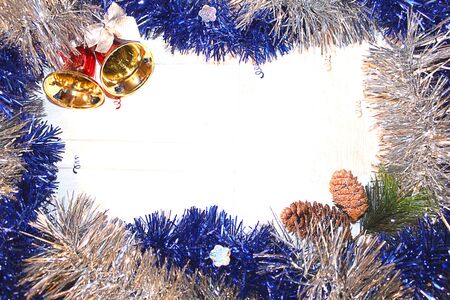 Christmas decoration with bells rain in the form of a frame postcardsの写真素材