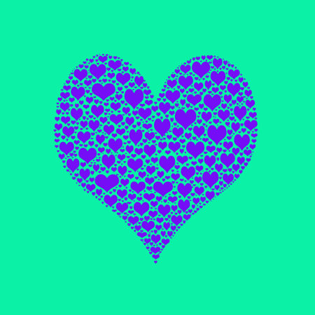 Heart shape made of blue hearts on green background. Vector illustration.の写真素材