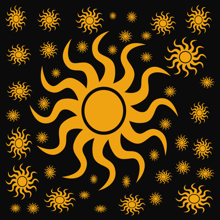 Sun on a black background. Vector illustration of sun and snowflakes.