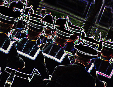 illustration of Royal Naval sailors marching on a dark background, with light effectsの写真素材