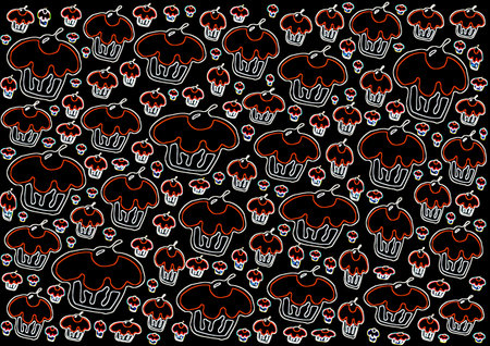 Seamless pattern with cupcakes and hearts on a black backgroundの写真素材